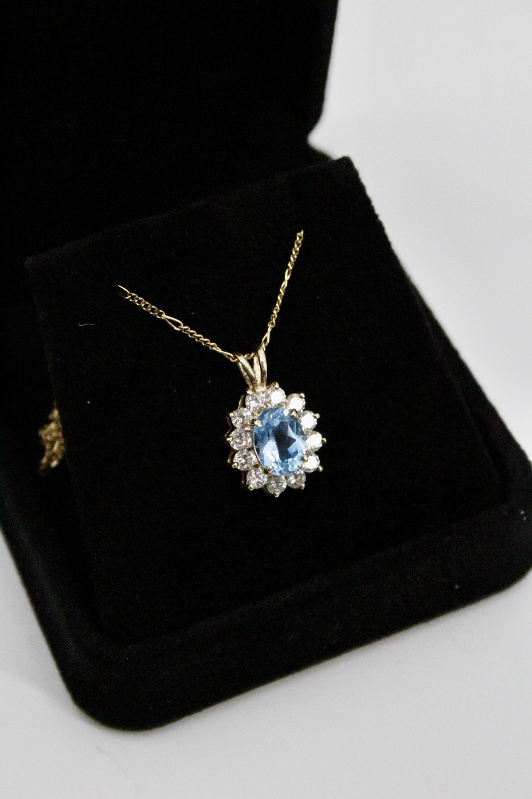 Blue Topaz Halo Pendant, 3.63 Carats 10K Gold