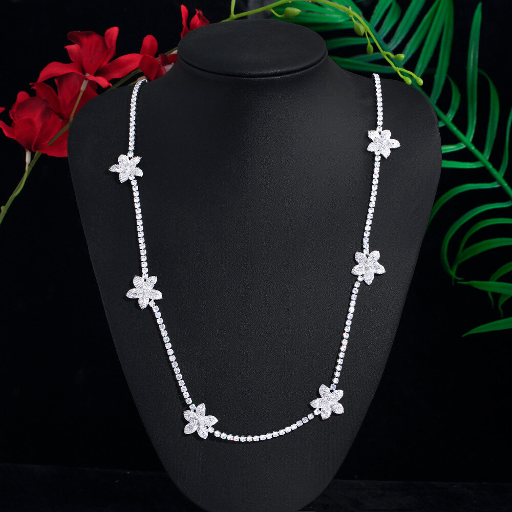 82cm Silver Plated Cubic Zircon White Flower Long Necklace Women Wedding Jewelry