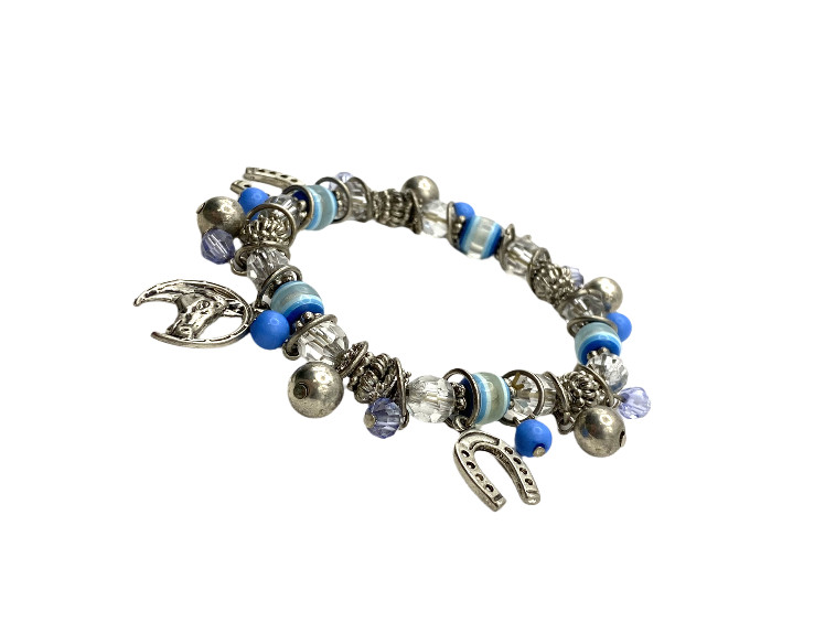 Blue-Clear Beaded Stretch Horse Horseshoe Charm Bracelet Silver Tone Equestrian