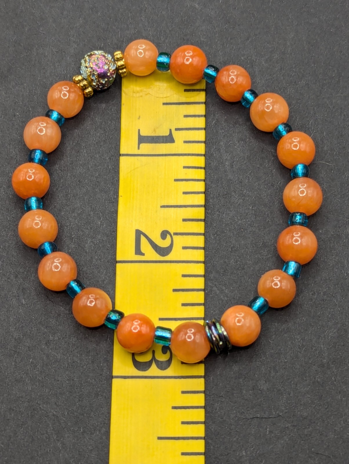 Orange 8mm Gemstone, Blue 6/0 Beaded Stretch Stylish Bracelet (17cm) S/M Wrist