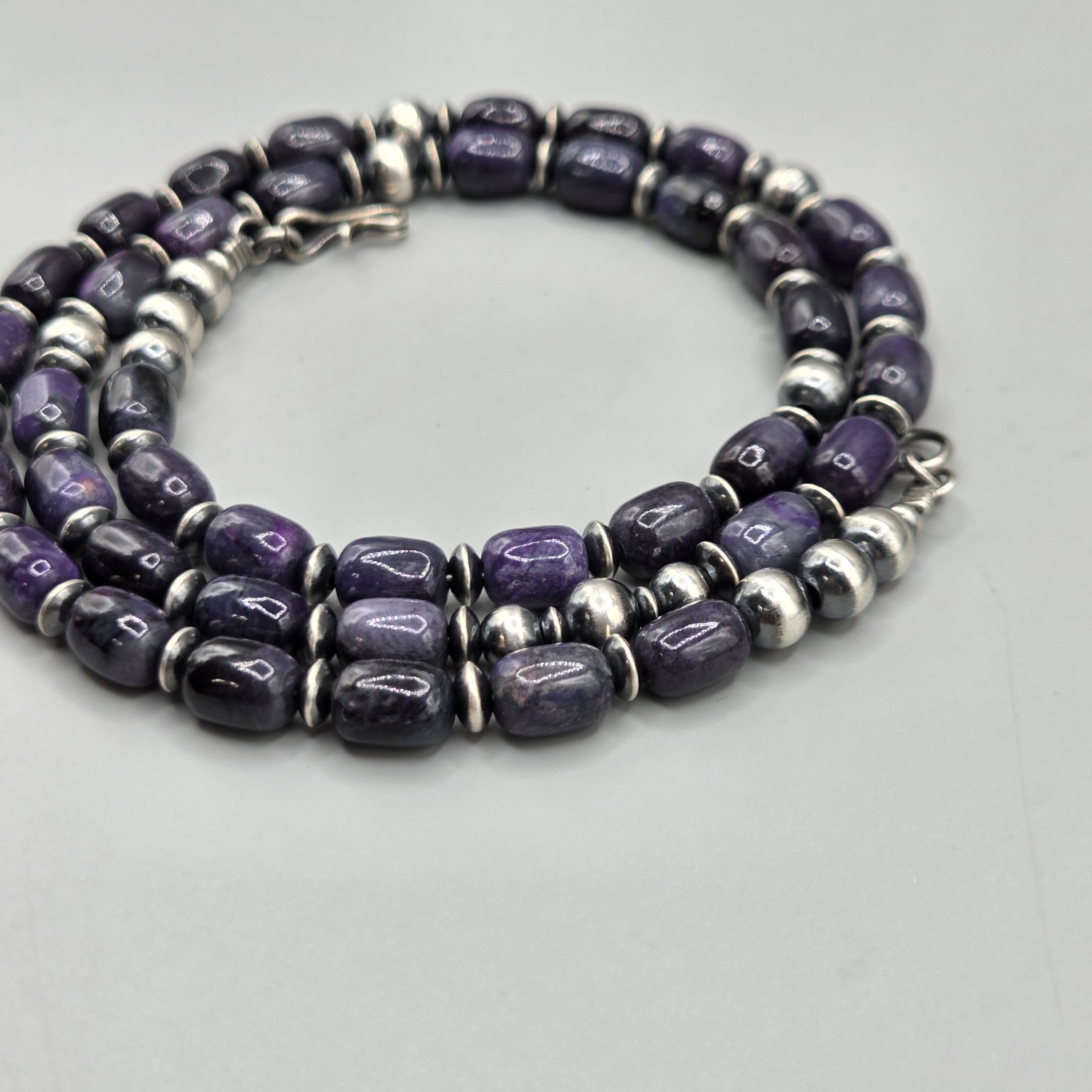 21.5″ Rare Sugilite Sterling Navajo Pearl Necklace Southwest Squash Petite 6+mm