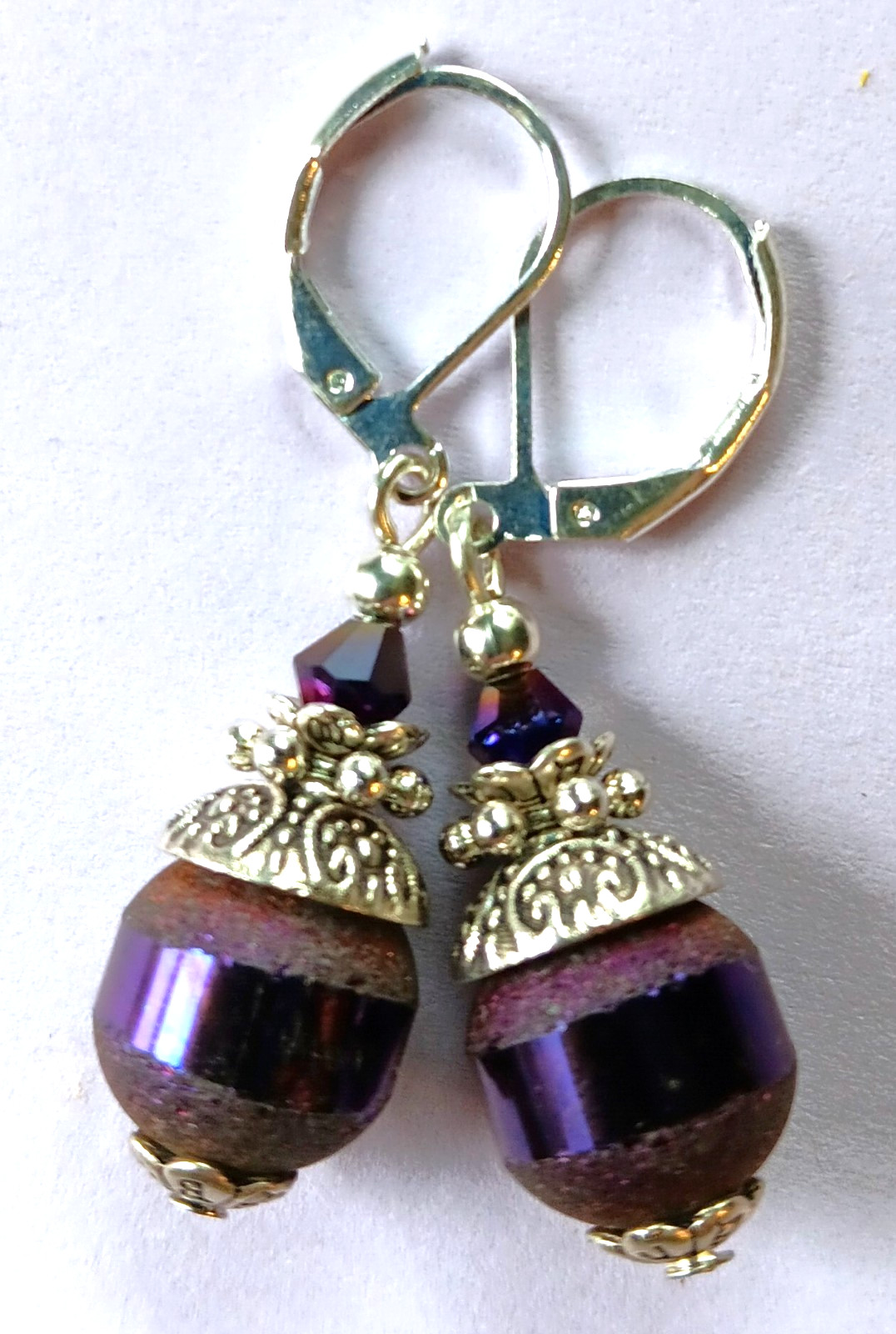 PURPLE frosted CRYSTAL earring SP LEVERBACK handcrafted #XSP-b