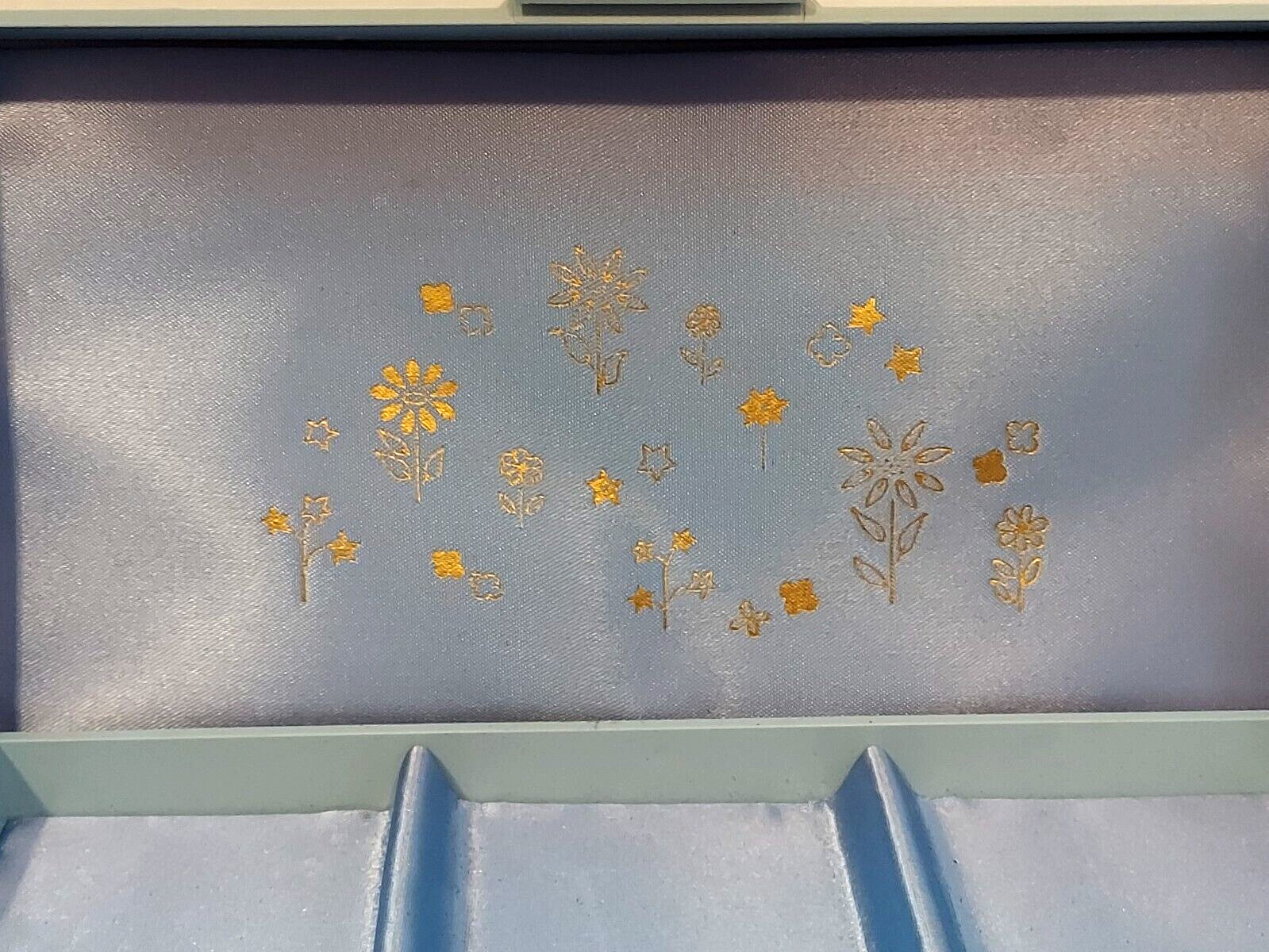 Rare Vintage 1960s Plastic Jewelry Box, blue Interior, gold Roses on Top