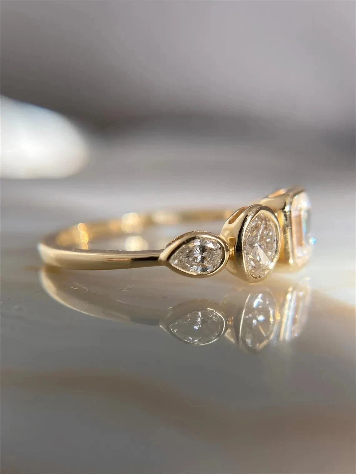4Ct Emerald Cut Bezel 5 Stone Moissanite Engagement Ring 14K Yellow Gold Plated