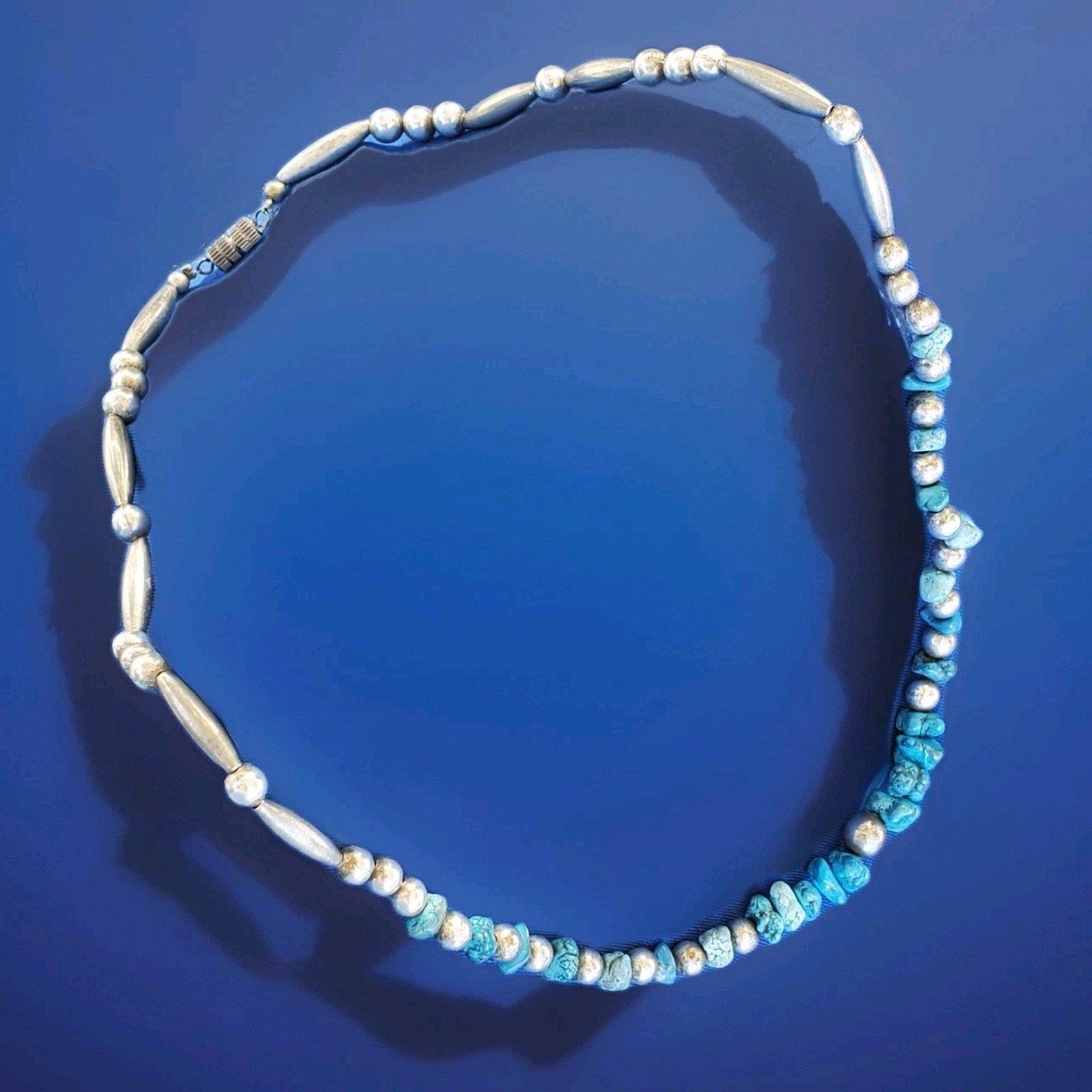 Original NATIVE VINTAGE NAVAJO TURQUOISE STERLING SILVER Beads NECKLACE 21″ INCH