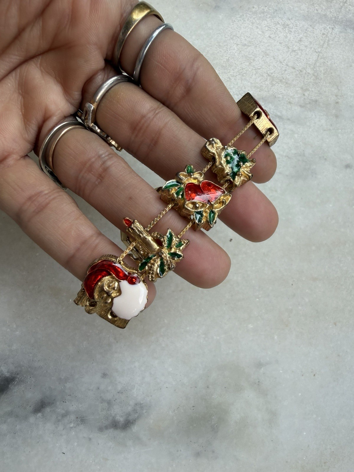 Gold Tone Enamel Christmas Holiday Charm Bracelet Red Green White Box Clasp