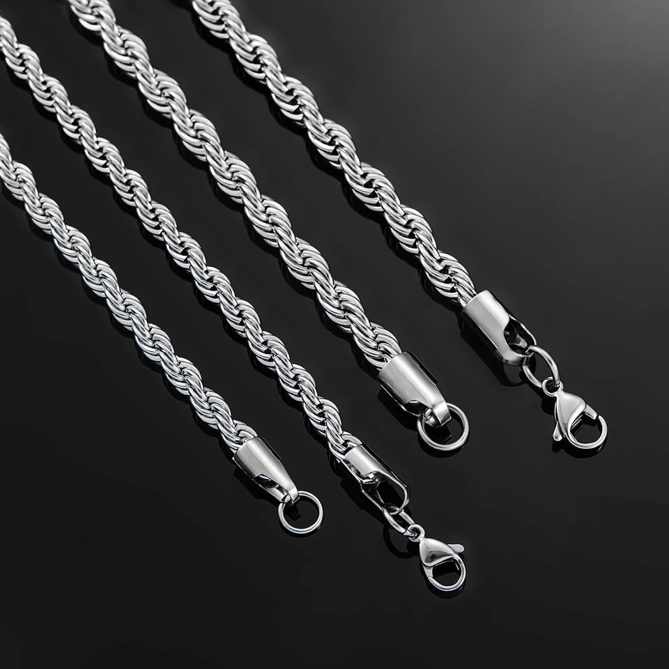 Stainless Steel Rope Chain Necklace Silver Tone Twisted 2.3-6mm Men Jewelry