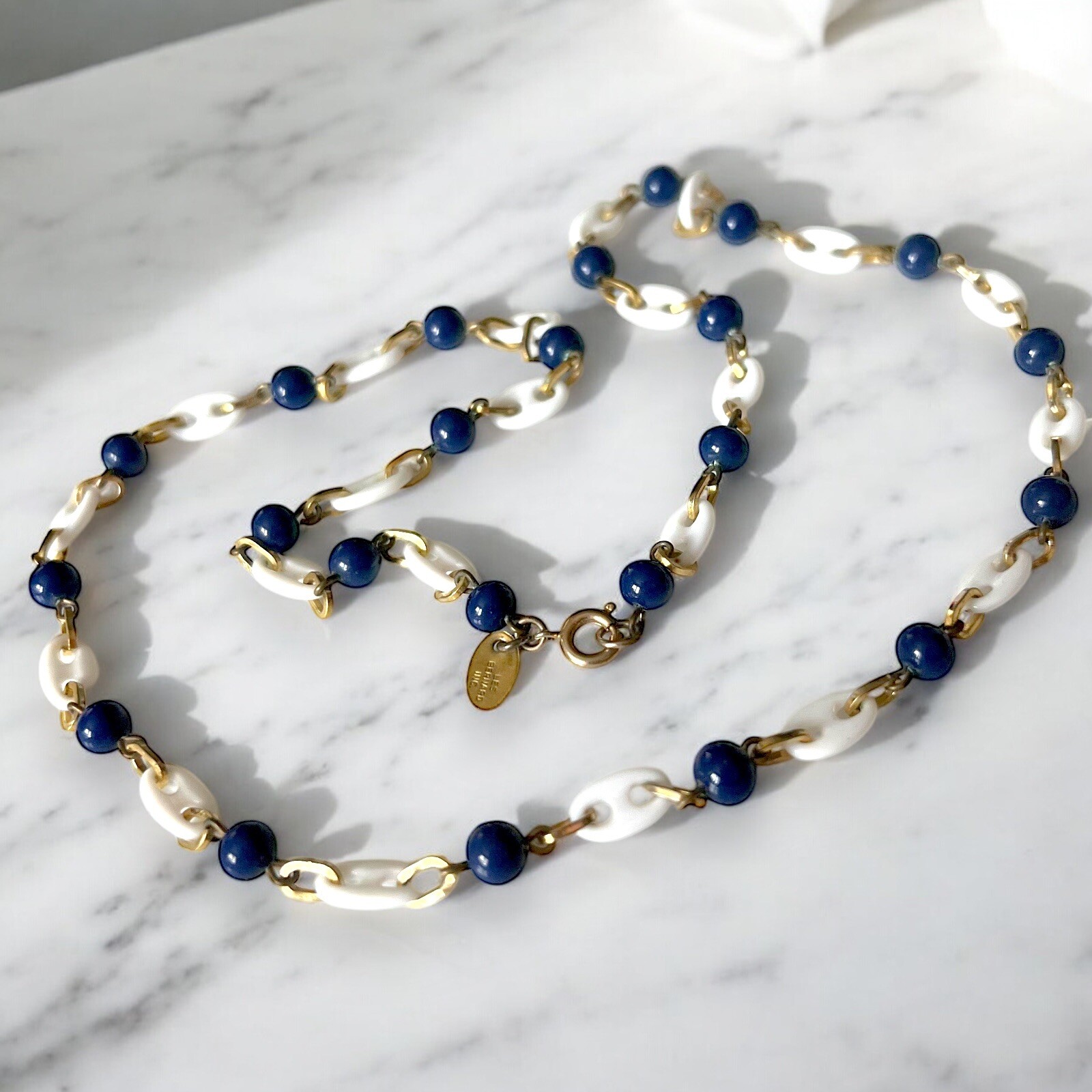 Les Bernard Necklace Gold Tone Navy Blue White Signed Vintage