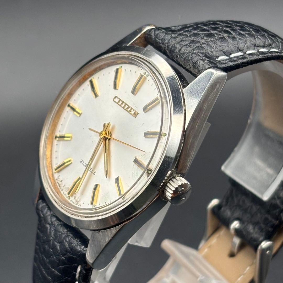 CITIZEN 53-8051 21 Jewels Hand Wind Watch Stainless Black Leather