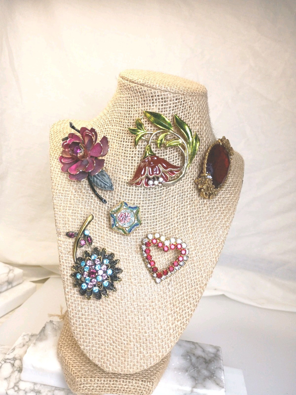Vintage To Current Brooches Lot of 6 Rhinestone Glass Enamel Paint Gold Fill