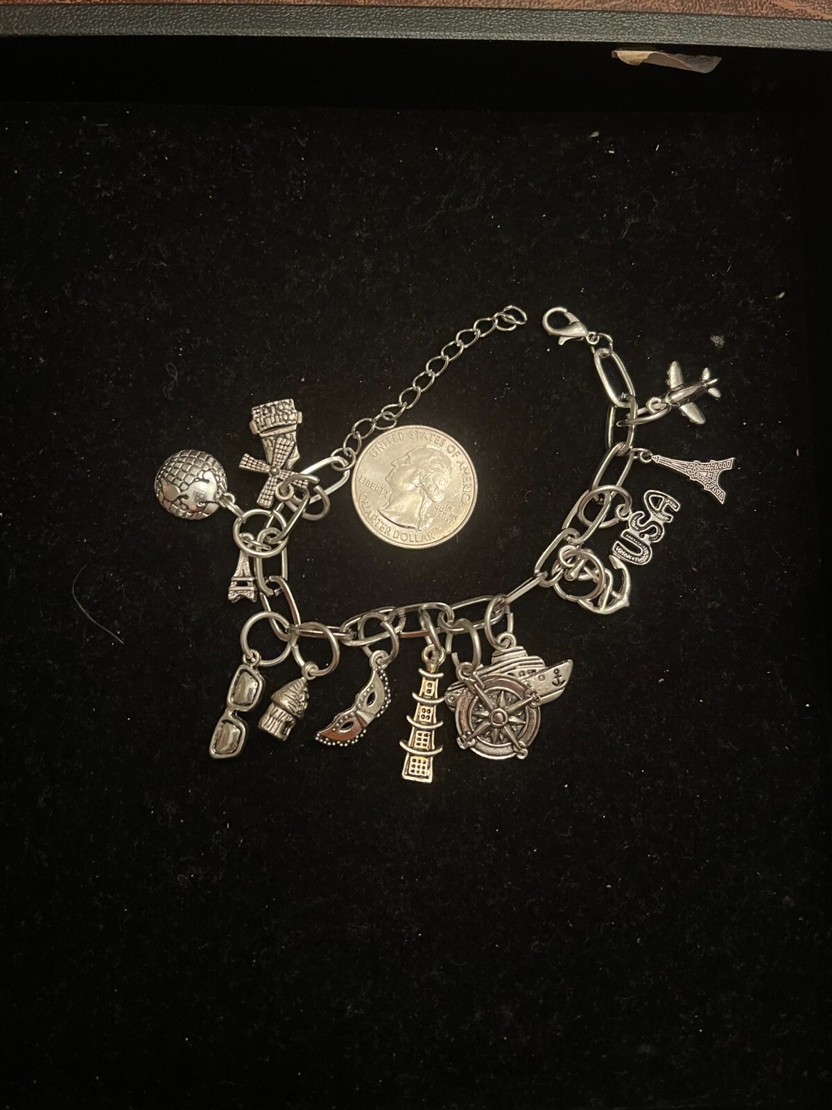 TRAVEL Charm Bracelet silver tone on a 6″ Link Bracelet with 2″ extender