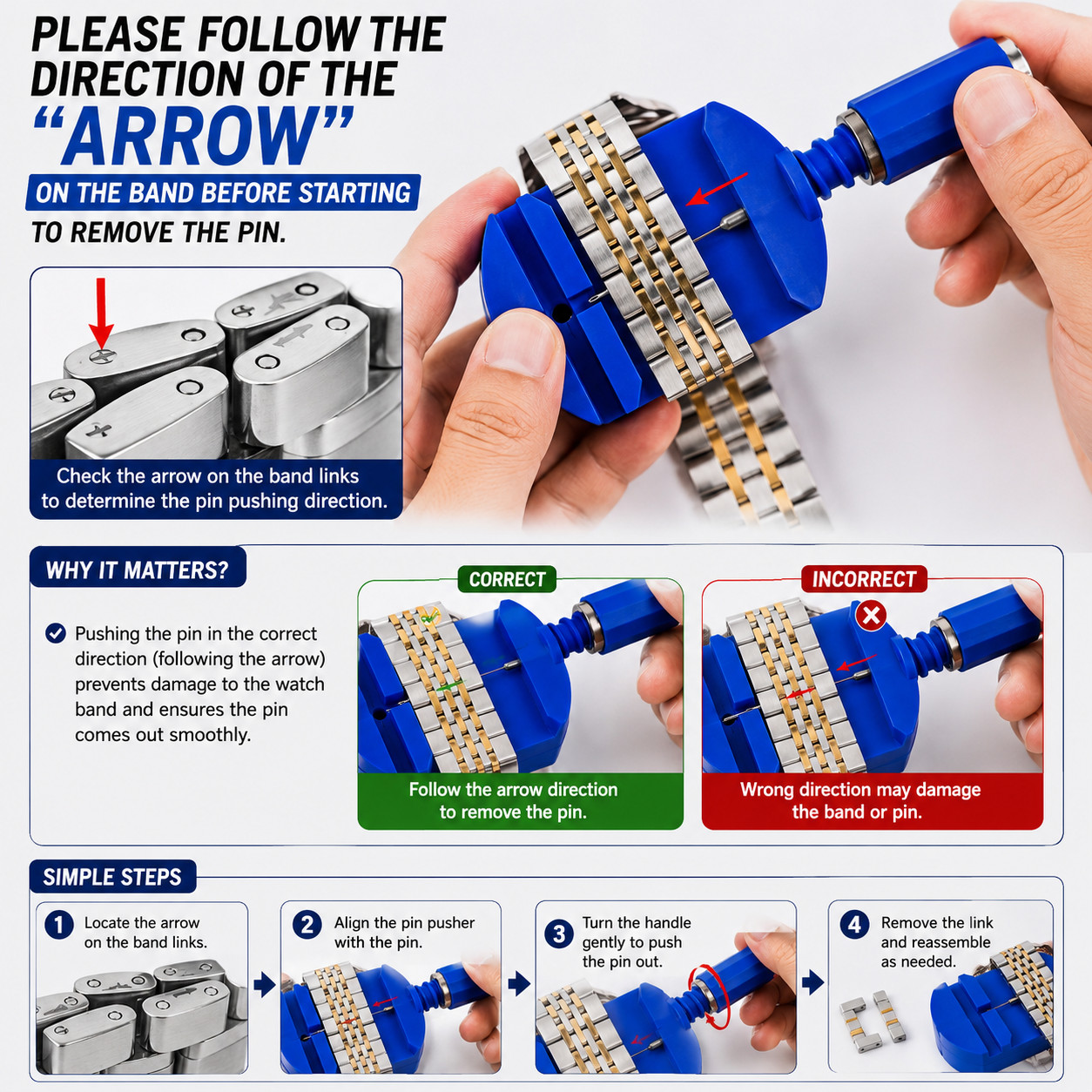 Watch Repair Spring Bar Tool Steel Link Remover Pin Pusher with Spare Tips