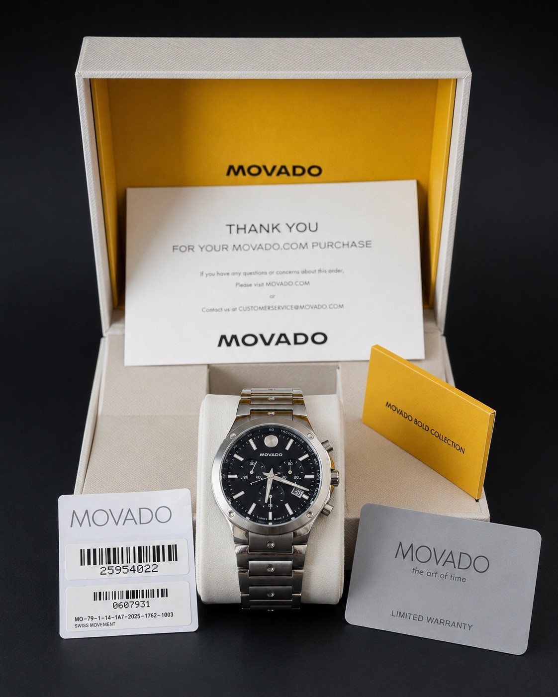 Movado SE Men’s Chronograph Watch 0607931 Blue Dial Stainless Steel 42mm Box