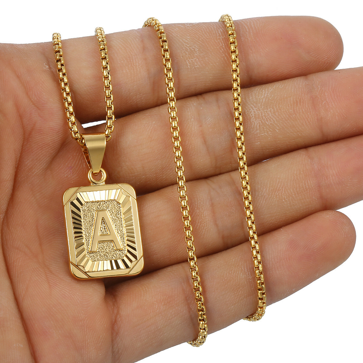 Gold Plated Square Initial Letter A-Z Pendant Necklace 2mm 18-36″ Box Link Chain