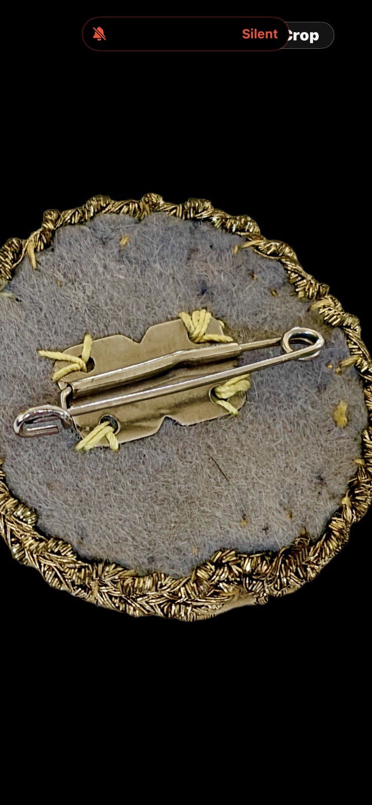 Vintage Round Golden Floral Thread-Work & Rhinestone Brooch~C-Clasp~1930s