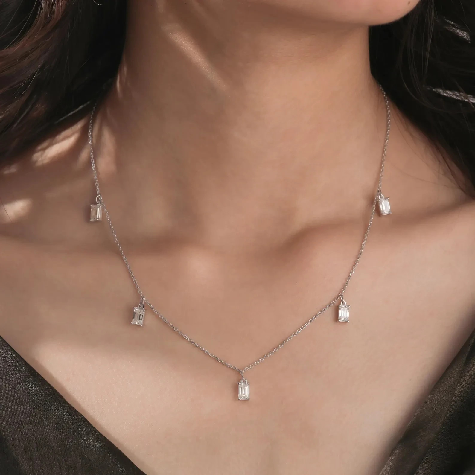 Emerald Lab Grown Diamond Layered Station Necklaces Chain 14k White Gold