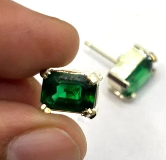 9 Ct Natural Green Emerald Stud Earrings Emerald Cut loose Gemstone 925 Silver
