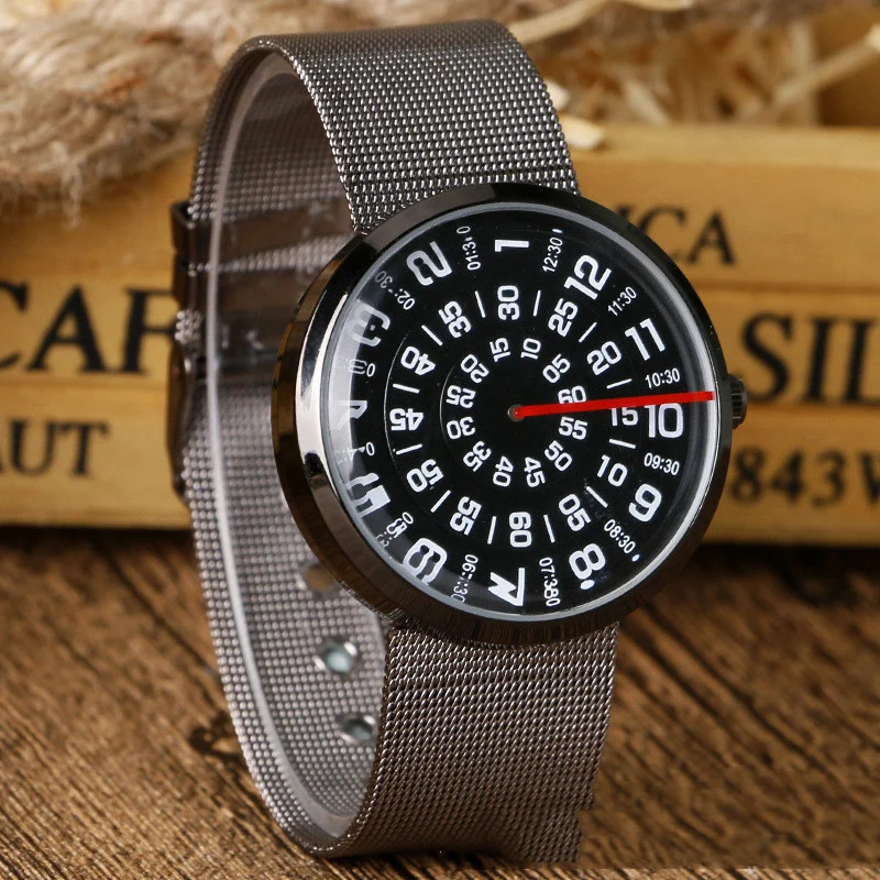 Mens Alloy Mesh Strap Wristwatch Round Dial 42mm White or Black Face Screw Crown