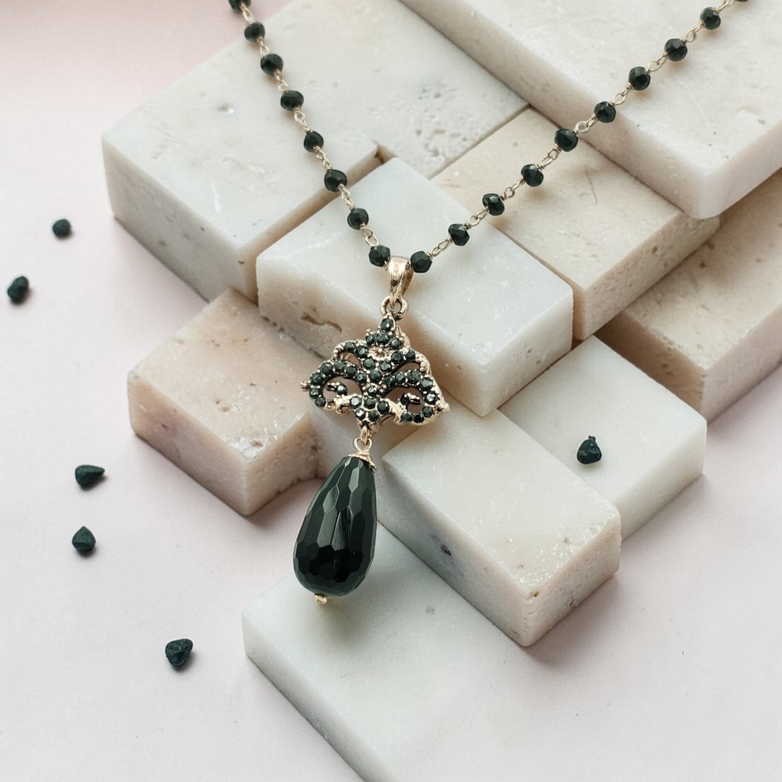 Victorian Pink Silver Pendant with Black Spinels and Handmade Onyx