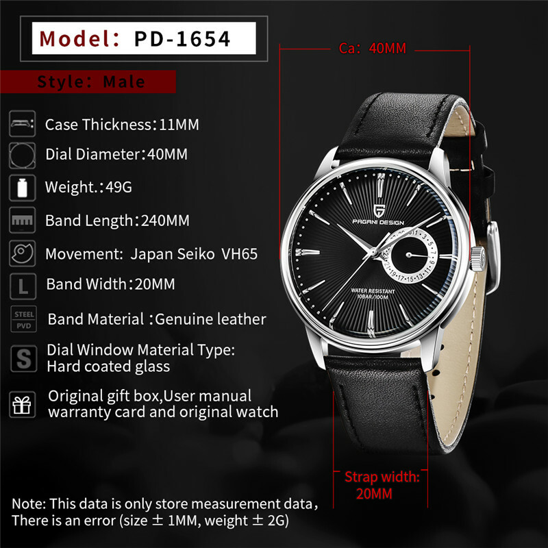 PAGANI DESIGN PD-1654 Japan Quartz Men Business Pilot Watch Leather Band Reloj