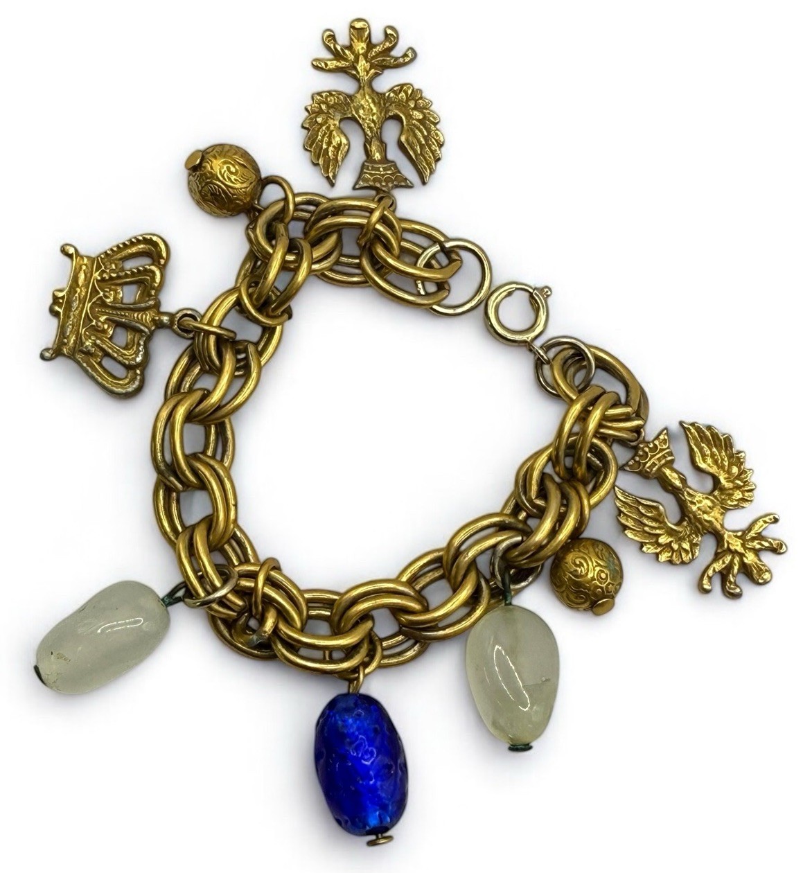 Vintage Charm Bracelet Royal Eagle Crown Glass Beads Link Gold Tone