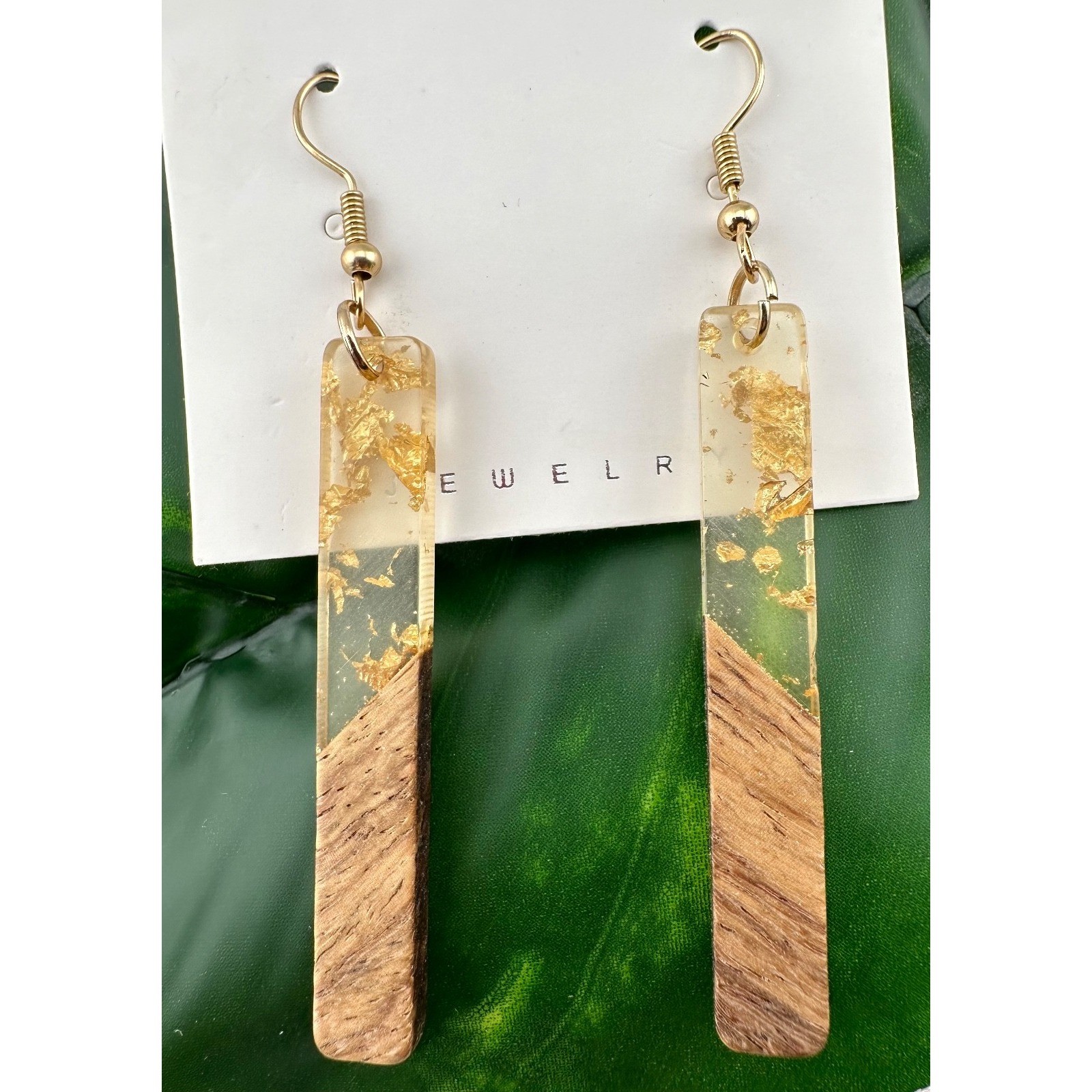 Wood Grain Acrylic Bar Earrings with Gold Leaf Boho NEW