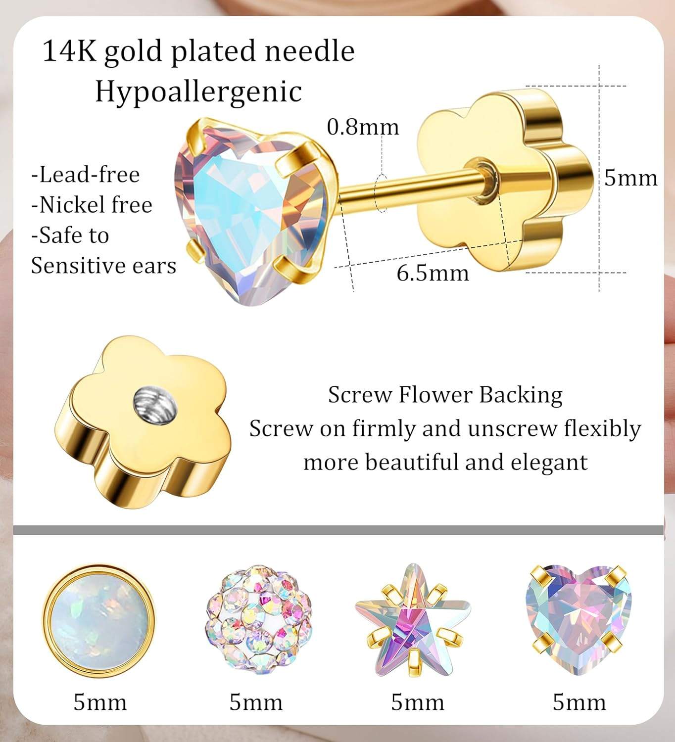 4Pairs Hypoallergenic Flat Back Earrings for Women 14K Gold Cartilage Earring fo