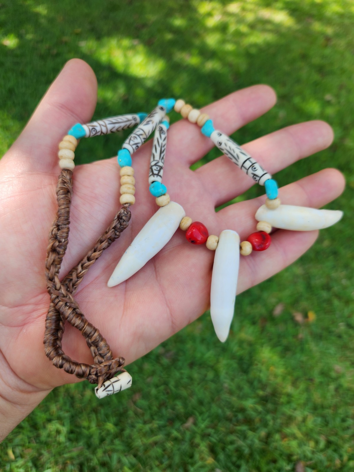 Warrior Shaman style three teeth real Alligator tooth bones turquoise coral