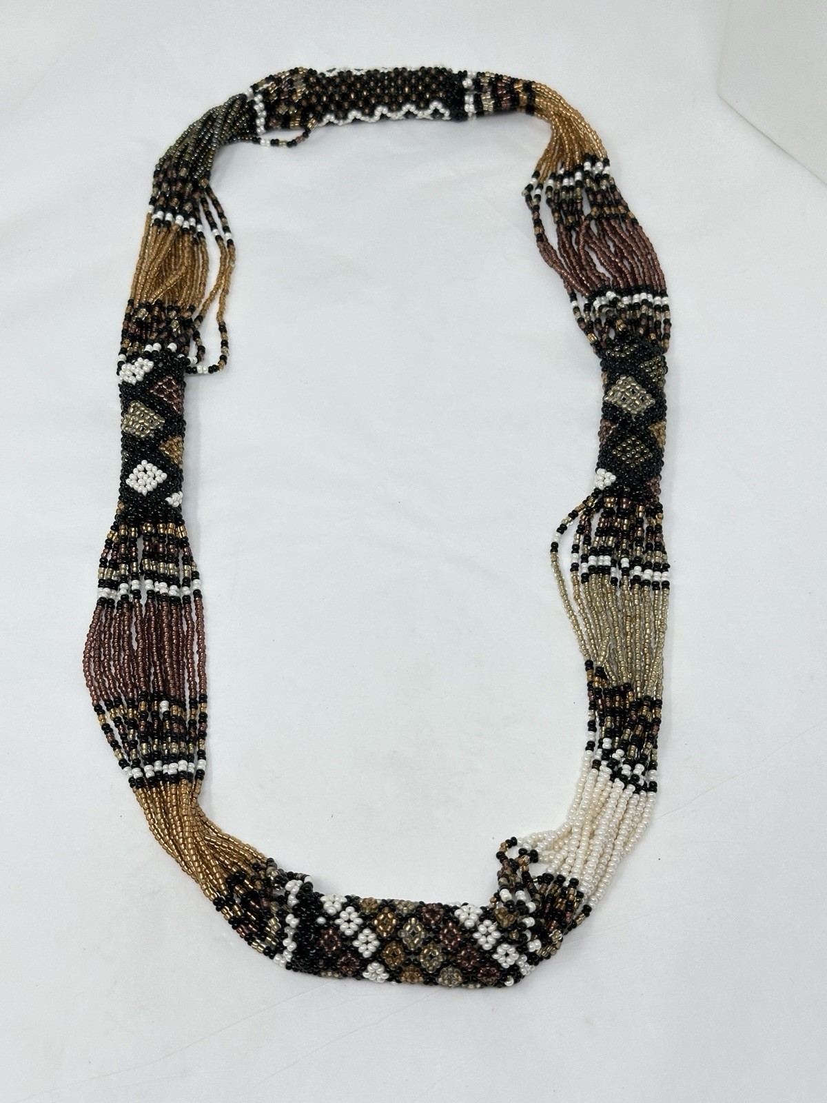 Vintage Multicolor White Gold Black Glass Seed Bead 26″ Necklace