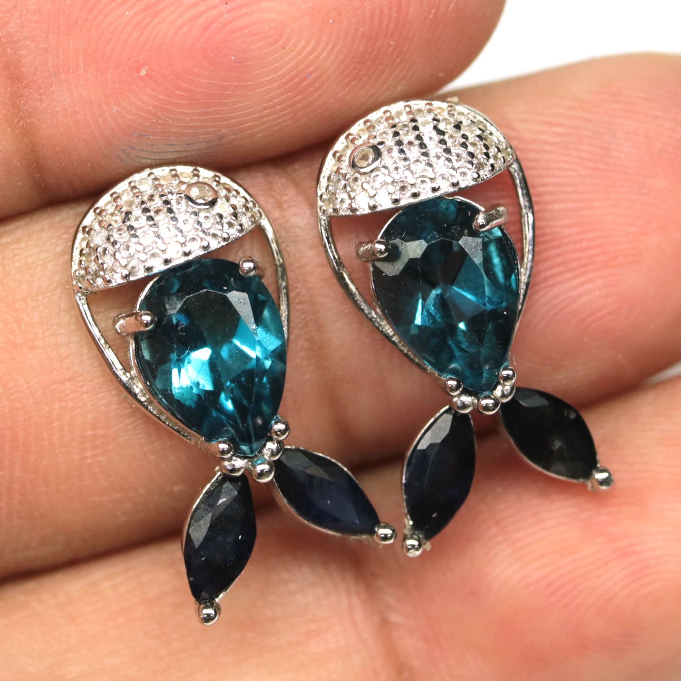 925 Sterling Silver 4 x 10 mm. London Blue Topaz, Sapphire & Zircon Earrings