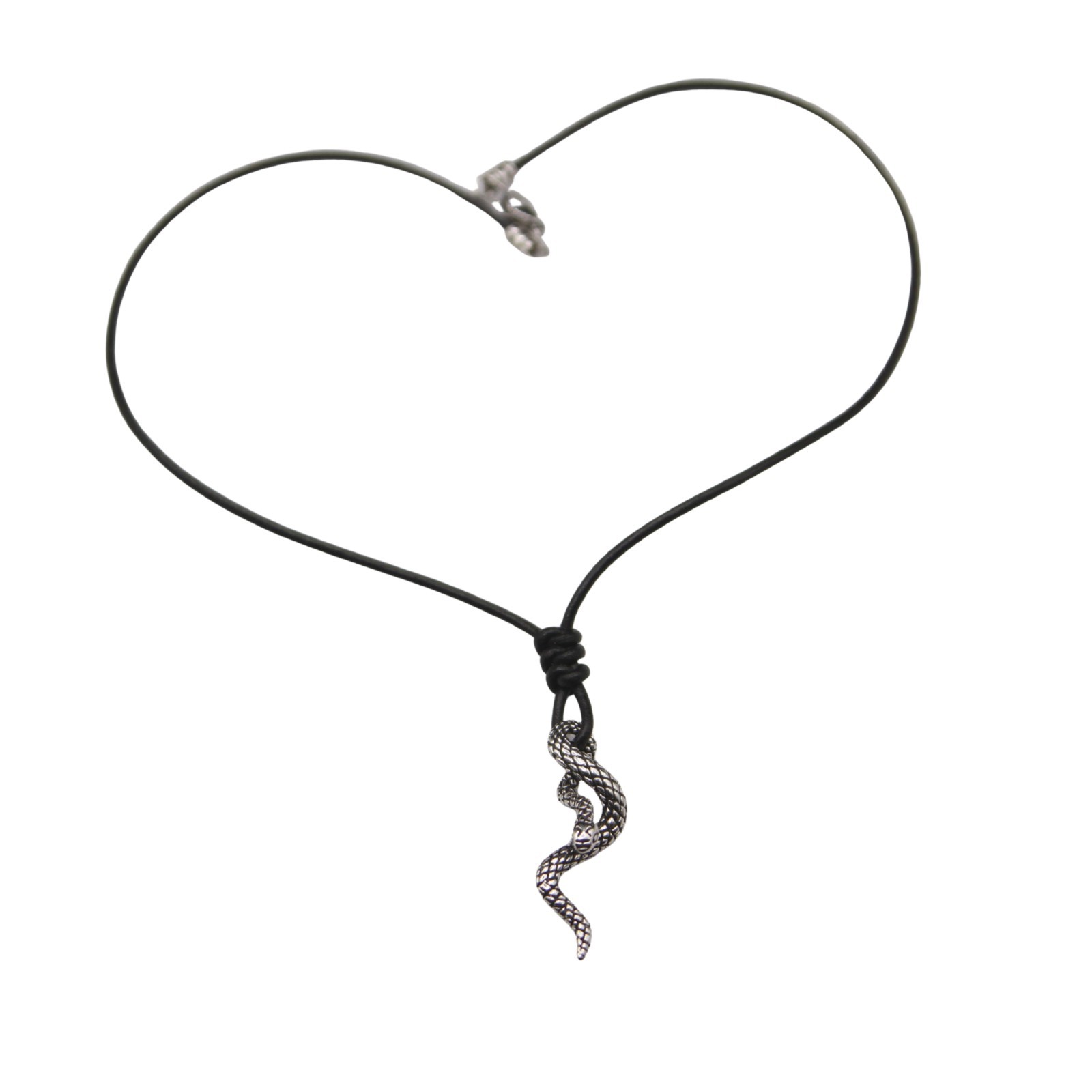 Snake Pendant Necklace – Hand Knotted Soft Black Leather Cord – Lobster Clasp