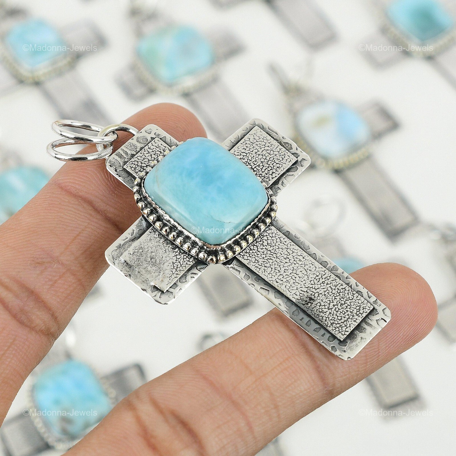 Valentines Sale 925 Sterling Silver Larimar Stone Sister Cross Bezel New Pendant