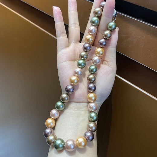 Suberb17″11-14mm South Sea Genuine green purple gold multic Round Pearl Necklace