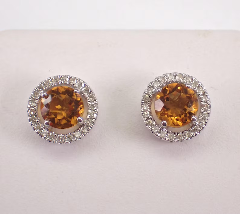 1.60Ct Round Cut Lab-Created Citrine Women’s Stud Earrings 14K White Gold Plated