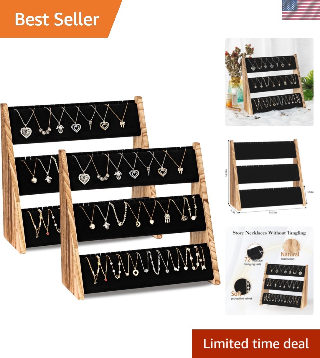 Stylish Necklace Organizer with Velvet Protection – Rustic Wood for 72 Necklaces