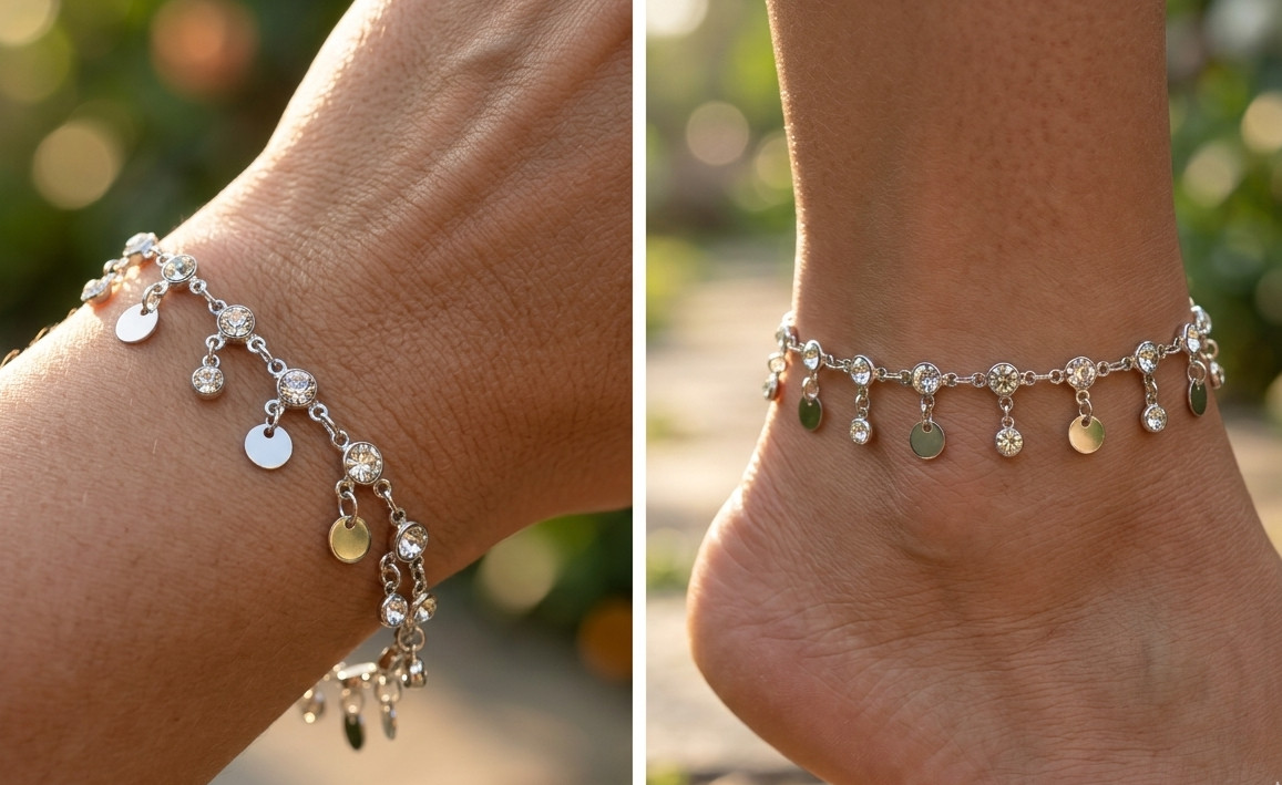 Elegant Silver Tone CZ Disc Bracelet Minimalist Bohemian Adjustable Chain Jewel