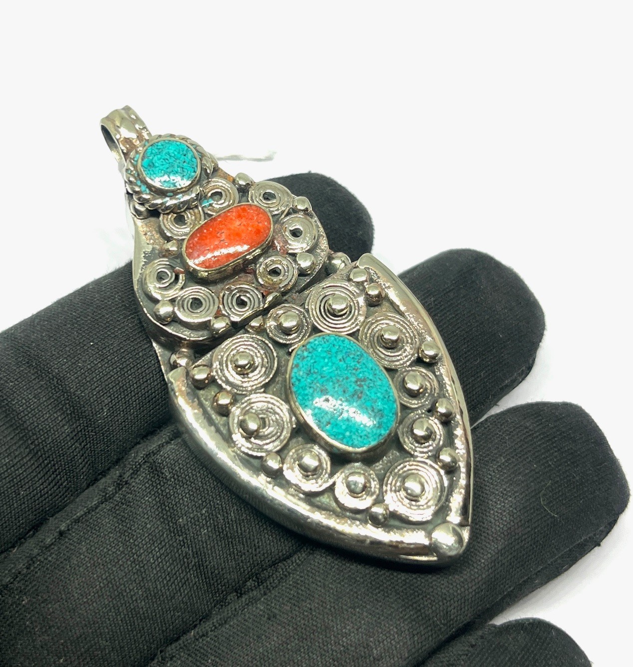 Ethnic Turquoise Coral Gemstone Tibetan Traditional Pendant Jewelry, 2.5 inc