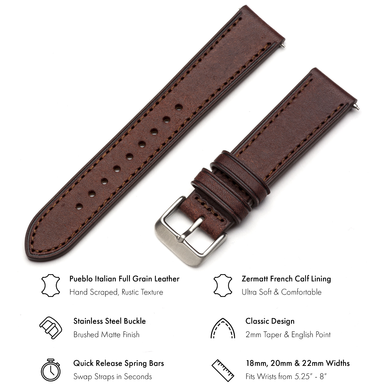 Italian Leather Watch Band – Full-Grain Leather – Dark Brown – 18, 20 or 22mm