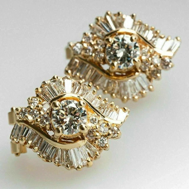 2Ct Round Baguette Cut Lab Created Diamond Stud Earrings 14k Yellow Gold Plated