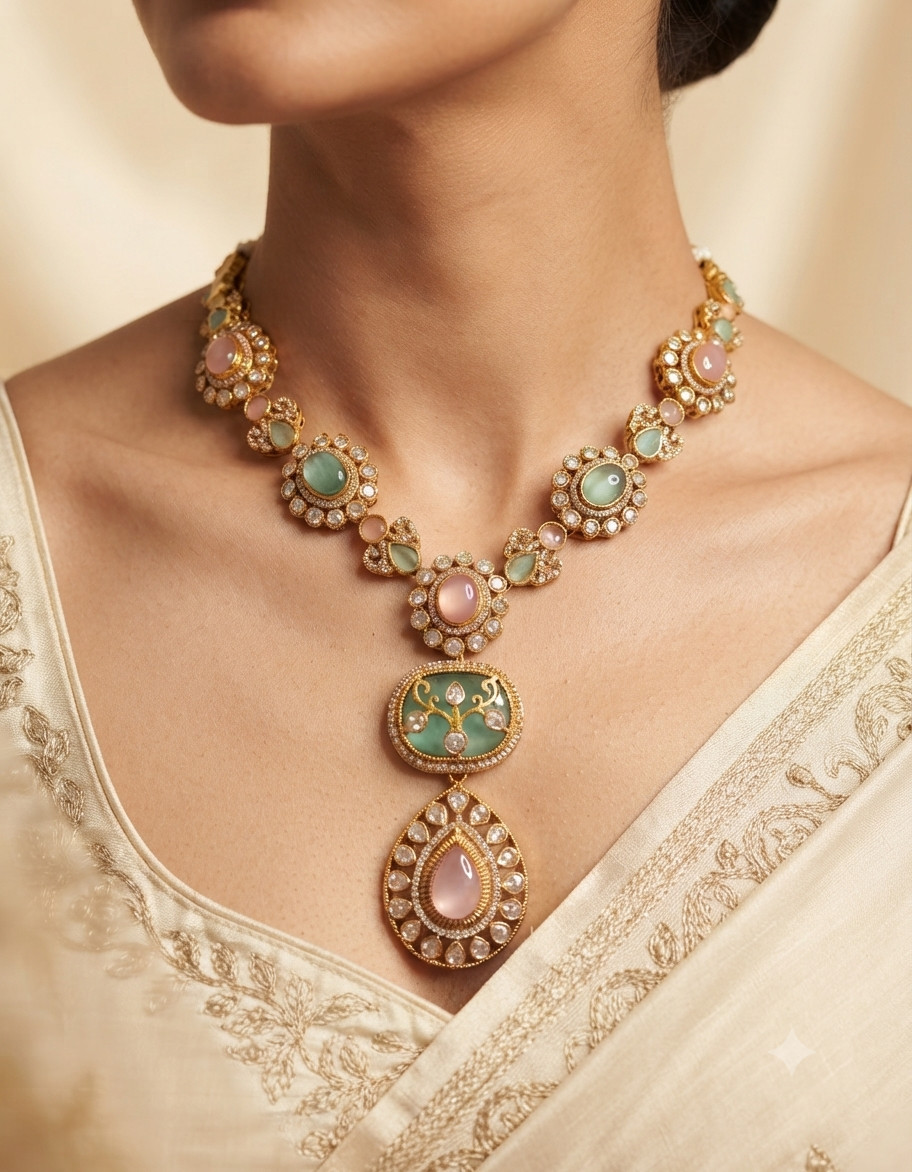 Liyana Pakistani Blush Pink and Mint Green Pastel Necklace Set Roz Jewellers.