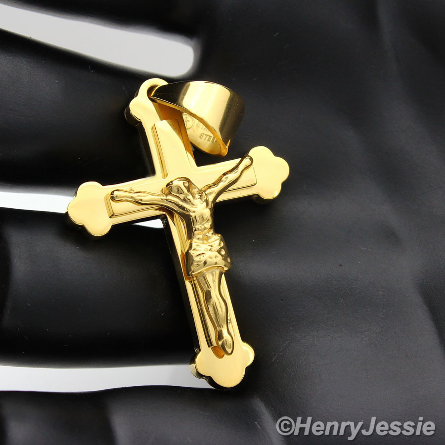 18″-36″MEN Stainless Steel 6mm Gold Plated Figaro Link Chain Cross Pendant*J2