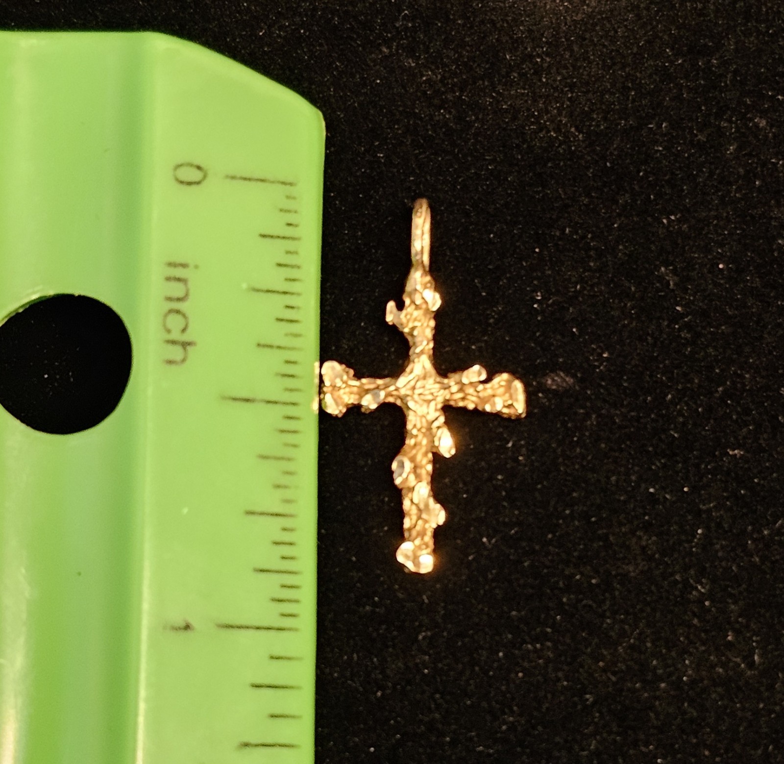 14K Yellow Gold Nugget Textured Cross Charm Pendant Signed Religious
