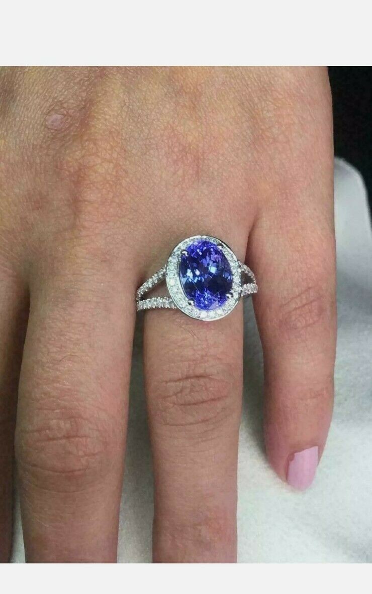 3.94 Ct Oval Cut Natural Sapphire & Diamond Engagemet Ring 14K White Gold Size 6