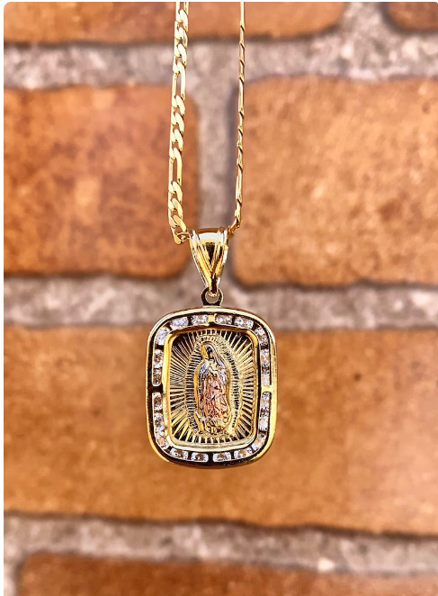 14K Gold Filled CZ Virgem Guadalupe Necklace Figaro Chain Cadena Mujer y Hombre