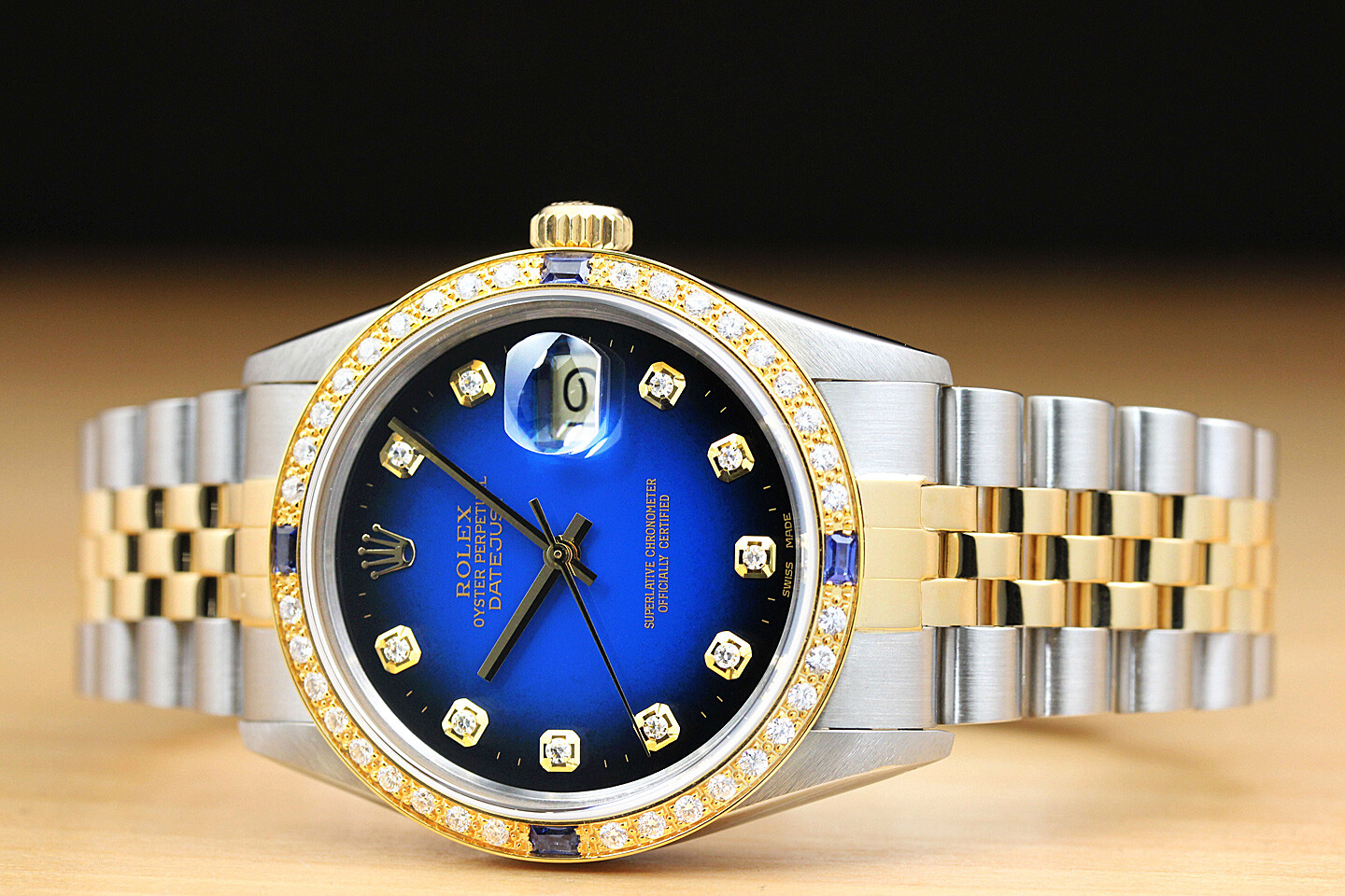 ROLEX MENS DATEJUST BLUE VIGNETTE SAPPHIRE DIAMOND 18K YELLOW GOLD & STEEL WATCH