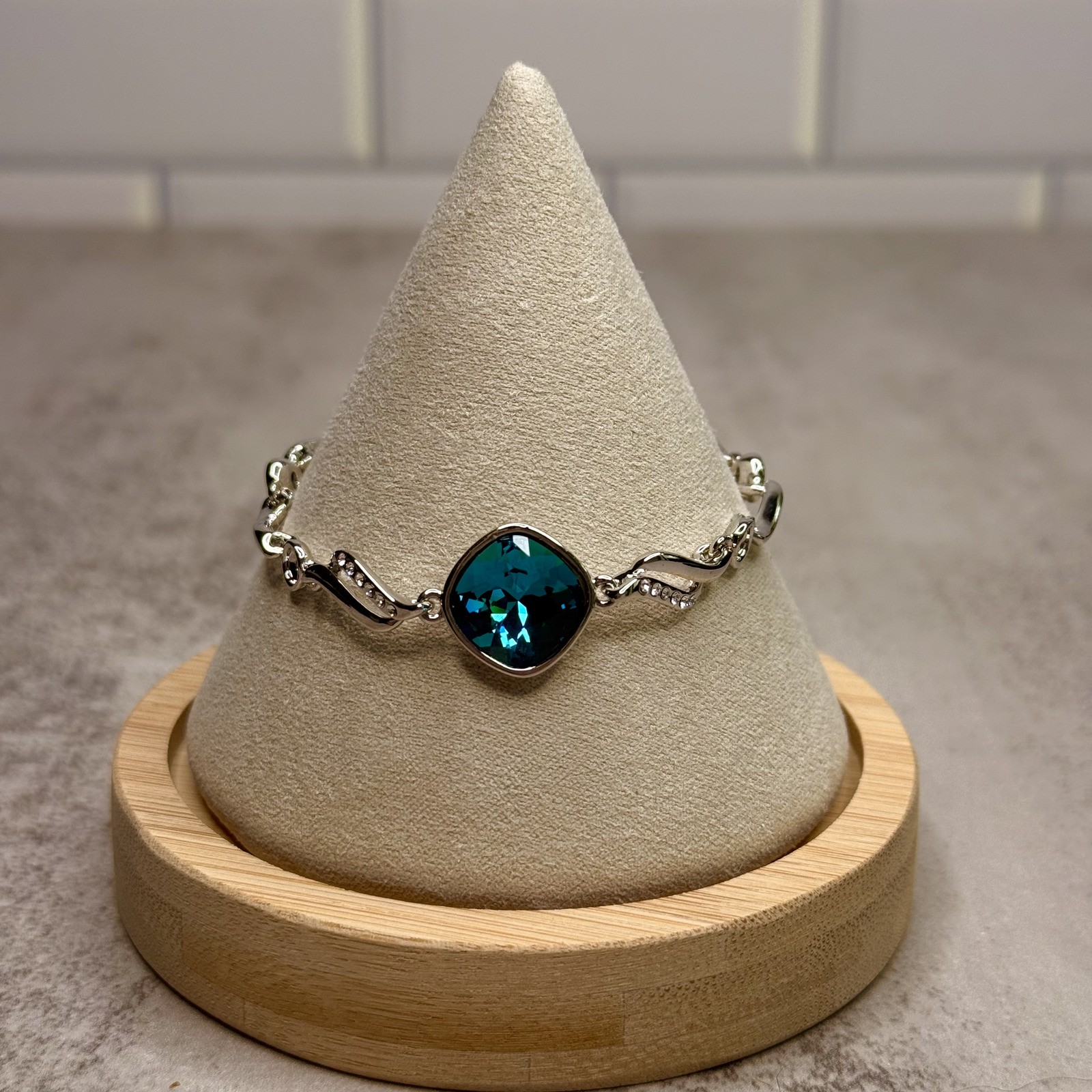 Deep Aqua Crystal Silver Statement Bracelet