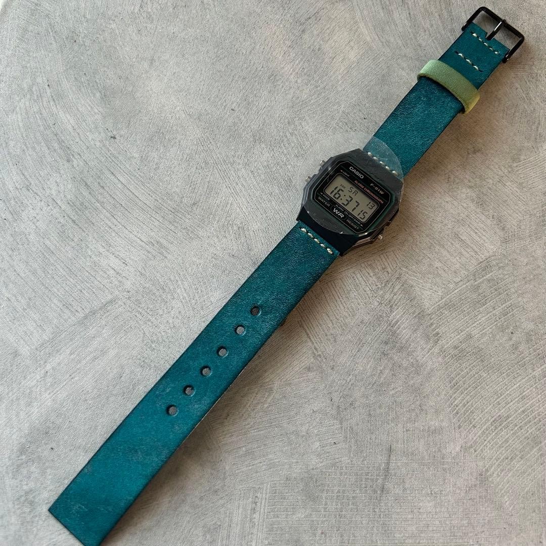 CASIO F 91W leather belt custom Marugo wax turquoise