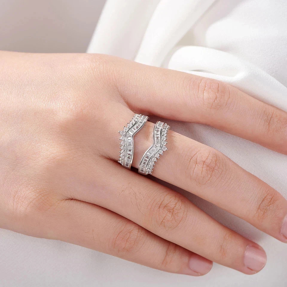 Round & Baguette Lab Created Diamond Wedding Enhancer Ring 14K White Gold Plated