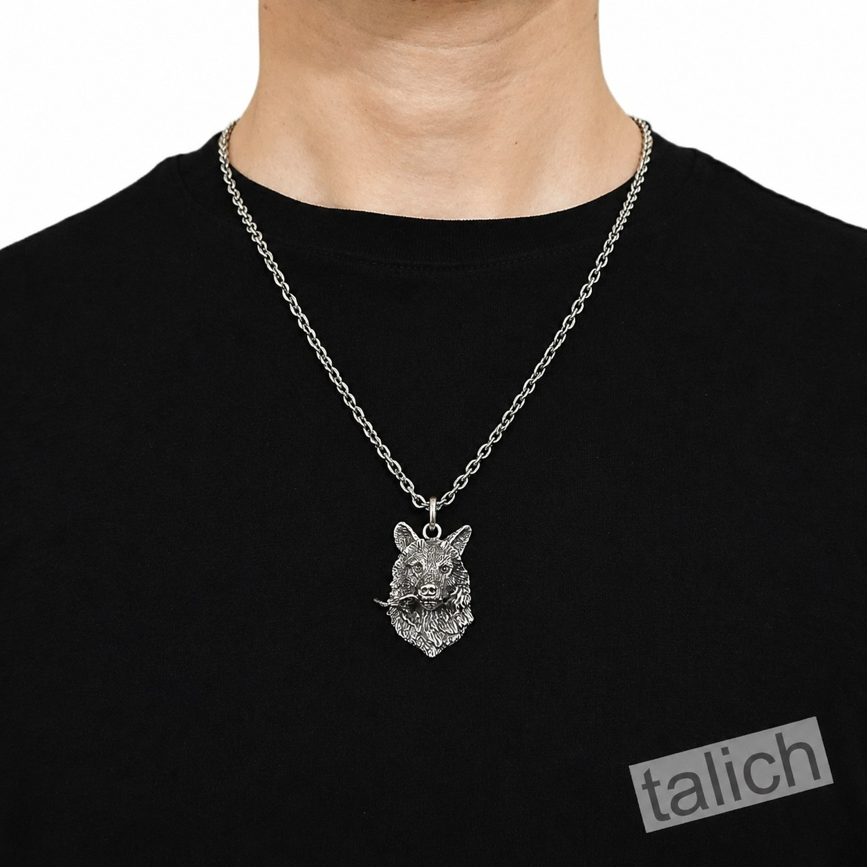 Solid 925 Sterling Silver 3D Wolf Head with Rose Flower Unisex Biker Pendant