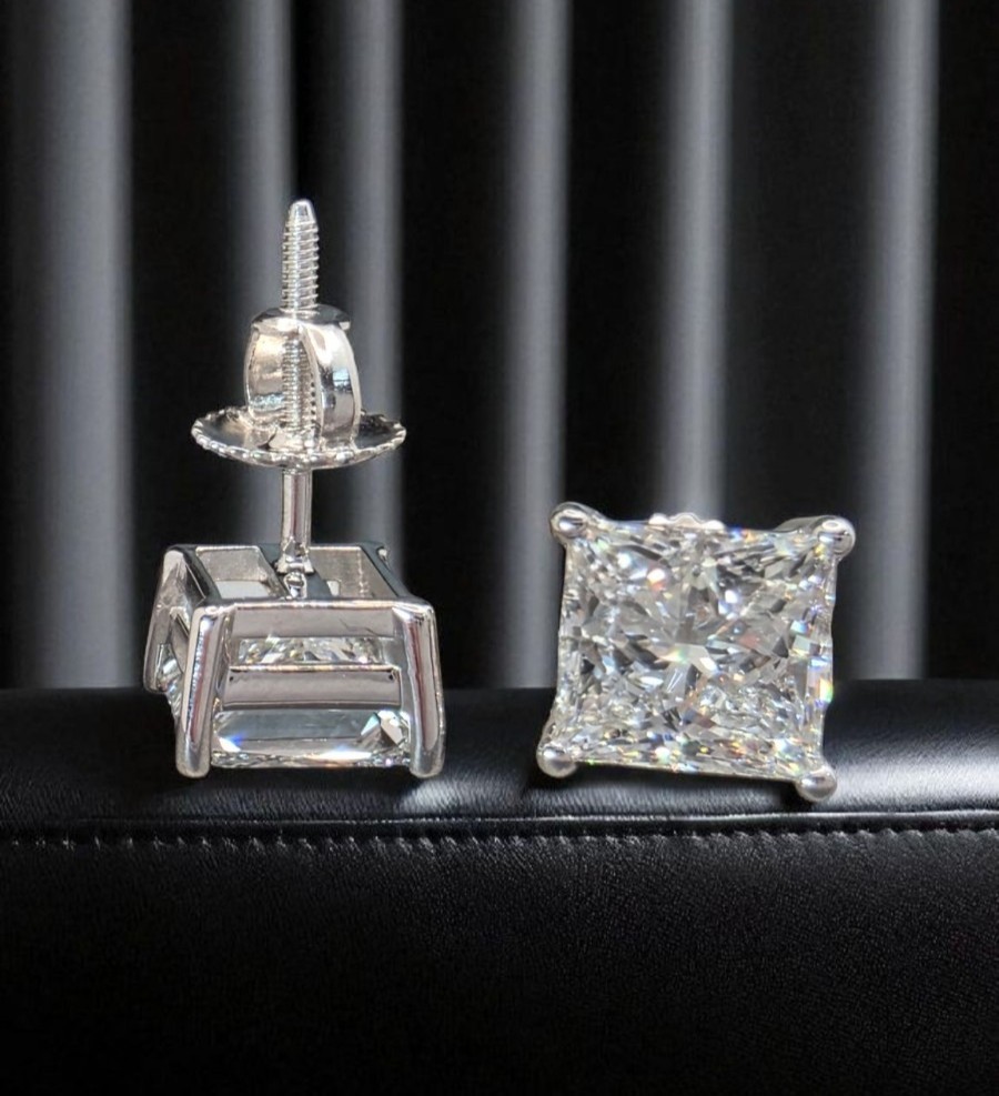 4.00Ct Princess Cut Lab Grown Diamond Stud 14k White Gold Earrings IGI Certified